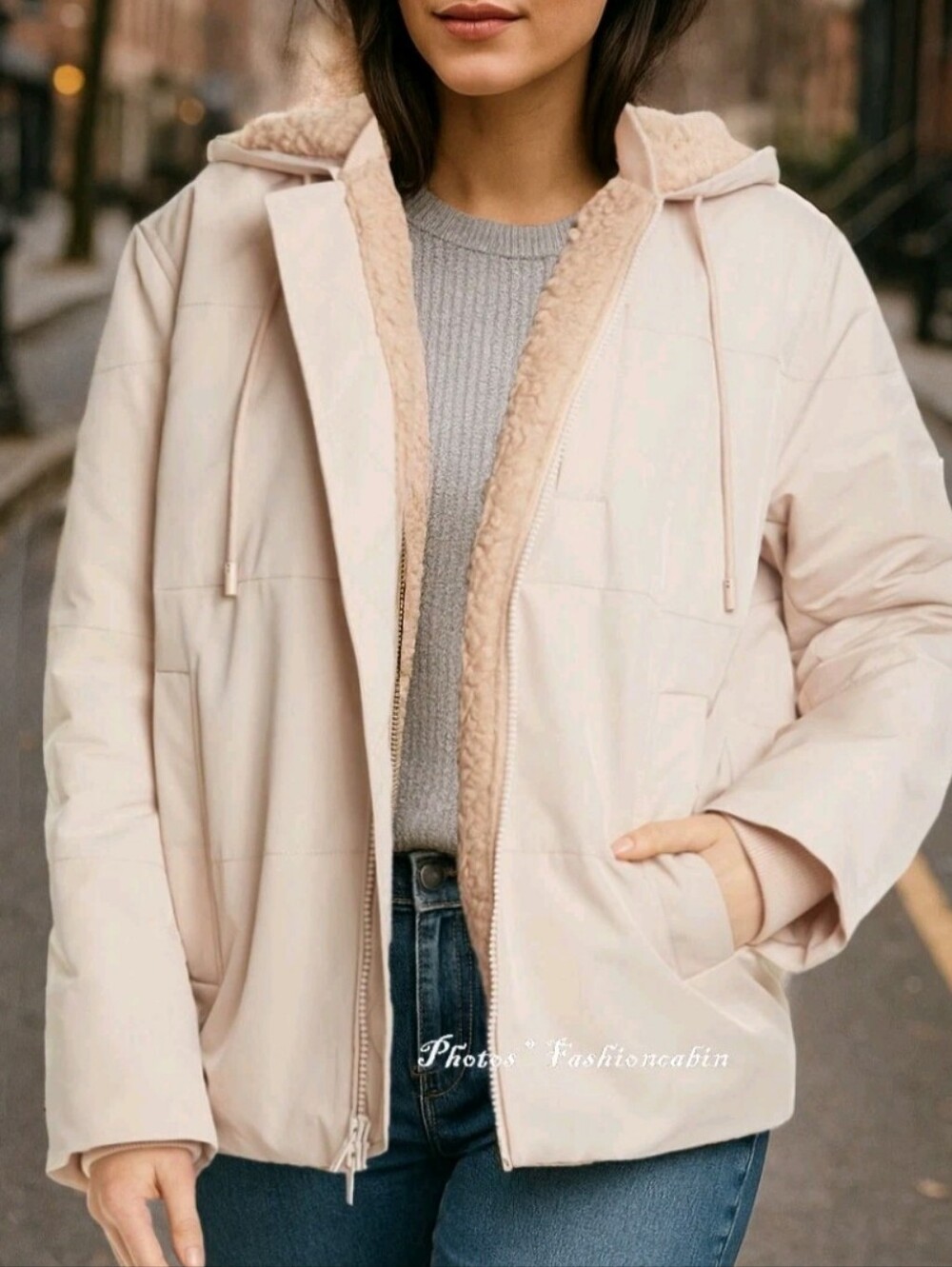 Vince Hooded Puffer Jacket with Faux-Sherpa Trim Mocha I Cream I Brown